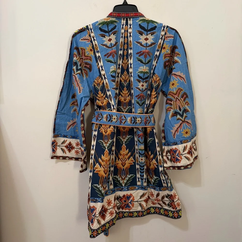 Farm Rio Embroidered Tapestry Organic Cotton Blue Boho Mini Dress with Belt - Picture 10 of 10